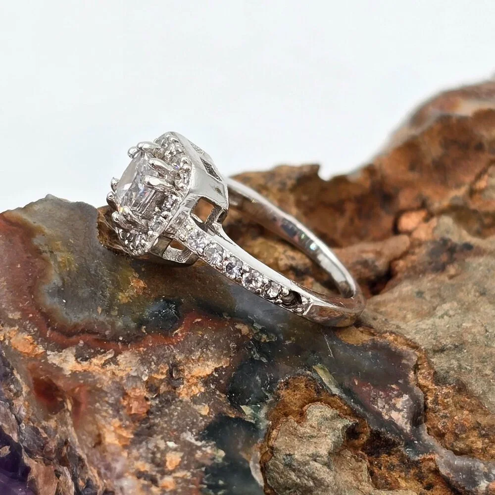 Sterling Silver 925 Halo Engagement Ring Size 3.75 Cushion Cut Cubic Zirconia